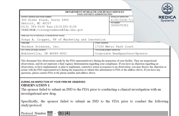 FDA 483 - Verdure Sciences, Inc. [Noblesville / United States of America] - Download PDF - Redica Systems