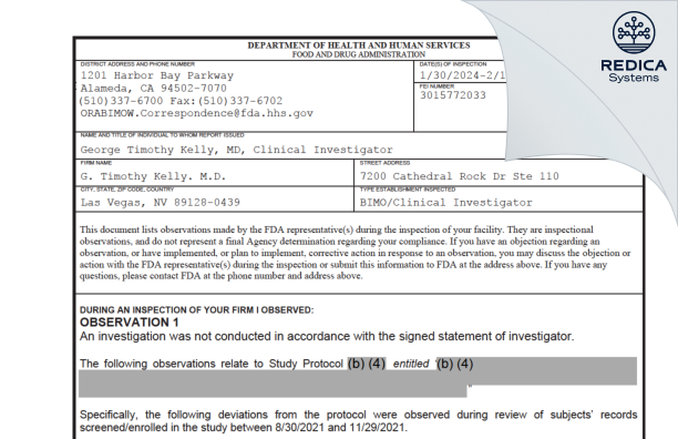 FDA 483 - George Timothy Kelly. M.D. [Las Vegas / United States of America] - Download PDF - Redica Systems