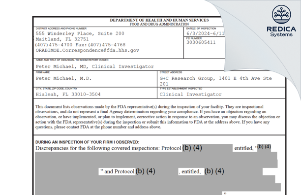 FDA 483 - Peter Michael, M.D. [Hialeah / United States of America] - Download PDF - Redica Systems