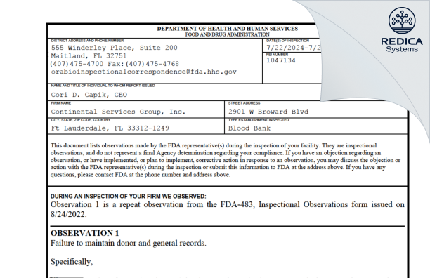 FDA 483 - Continental Services Group, Inc. [Fort Lauderdale / United States of America] - Download PDF - Redica Systems