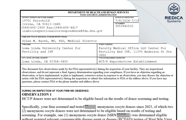 FDA 483 - Loma Linda University Center for Fertility and IVF [Loma Linda / United States of America] - Download PDF - Redica Systems