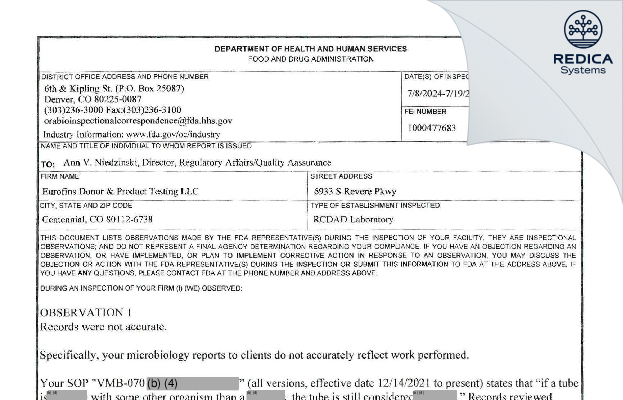 FDA 483 - VRL Eurofins [Centennial / United States of America] - Download PDF - Redica Systems