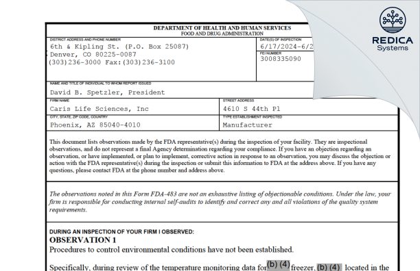 FDA 483 - Caris Life Sciences, Inc [Phoenix / United States of America] - Download PDF - Redica Systems