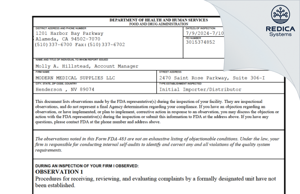 FDA 483 - MODERN MEDICAL SUPPLIES LLC [Henderson / United States of America] - Download PDF - Redica Systems