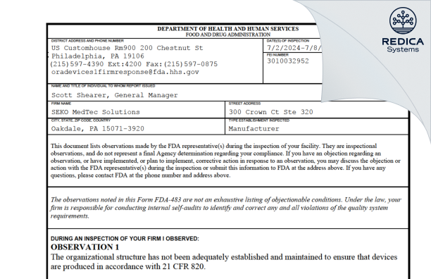 FDA 483 - SEKO MedTec Solutions [Oakdale / United States of America] - Download PDF - Redica Systems