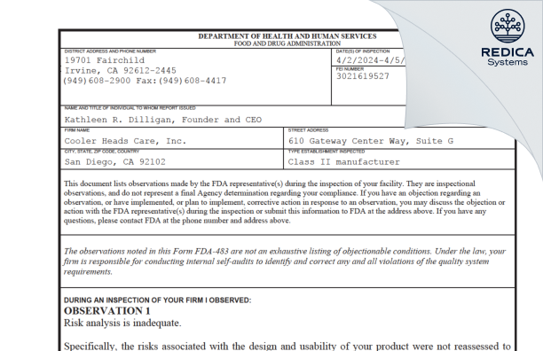 FDA 483 - Cooler Heads Care, Inc. [San Diego / United States of America] - Download PDF - Redica Systems