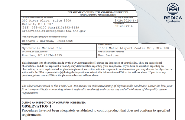 FDA 483 - Synchronis Medical Llc [Romulus / United States of America] - Download PDF - Redica Systems