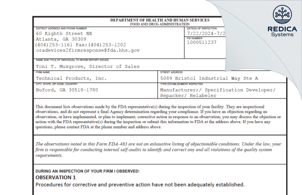 FDA 483 - Technical Products, Inc. [Buford / United States of America] - Download PDF - Redica Systems