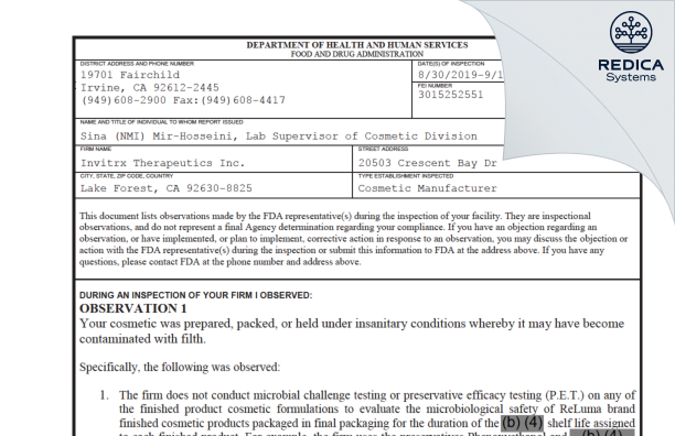 FDA 483 - Invitrx Therapeutics Inc. [Lake Forest / United States of America] - Download PDF - Redica Systems