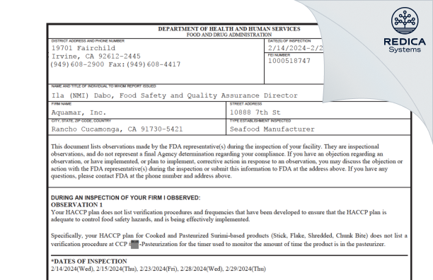 FDA 483 - Aquamar, Inc. [Rancho Cucamonga / United States of America] - Download PDF - Redica Systems