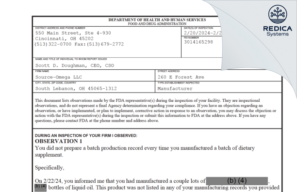 FDA 483 - Source-Omega LLC [South Lebanon / United States of America] - Download PDF - Redica Systems