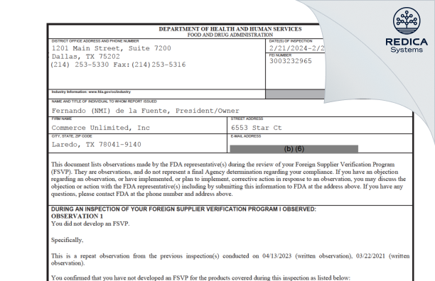 FDA 483 - Commerce Unlimited, Inc [Laredo / United States of America] - Download PDF - Redica Systems