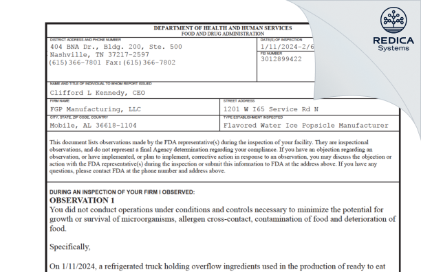 FDA 483 - FGP Manufacturing, LLC [Mobile / United States of America] - Download PDF - Redica Systems