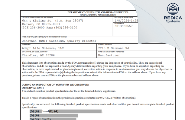 FDA 483 - Adept Life Science, LLC [Chandler / United States of America] - Download PDF - Redica Systems