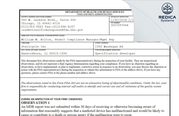 FDA 483 - Stericycle Inc [Bannockburn / United States of America] - Download PDF - Redica Systems