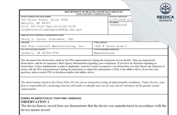 FDA 483 - Red Star Contract Manufacturing, Inc. [Larwill / United States of America] - Download PDF - Redica Systems