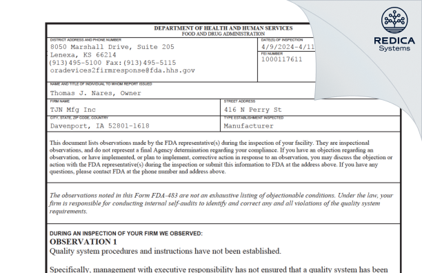 FDA 483 - TJN Mfg Inc [Davenport / United States of America] - Download PDF - Redica Systems