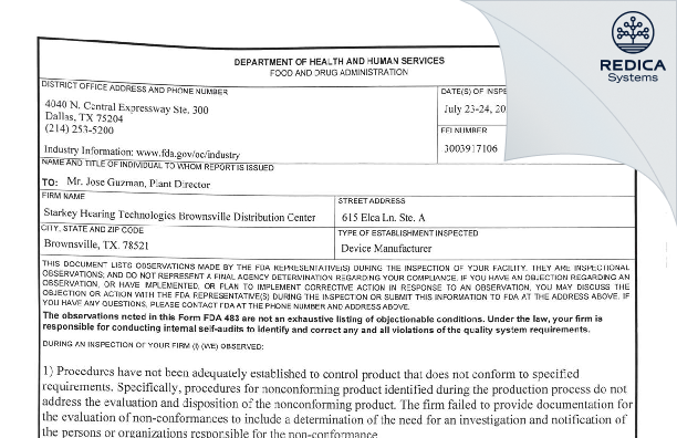 FDA 483 - Starkey Laboratories, Inc - Brownsville Distribution Center [Brownsville / United States of America] - Download PDF - Redica Systems