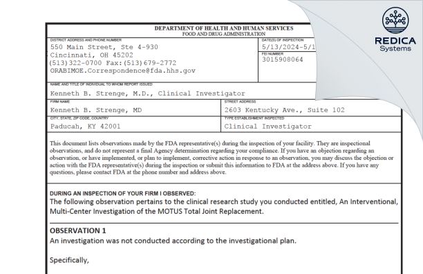 FDA 483 - Kenneth B. Strenge, MD [Paducah / United States of America] - Download PDF - Redica Systems