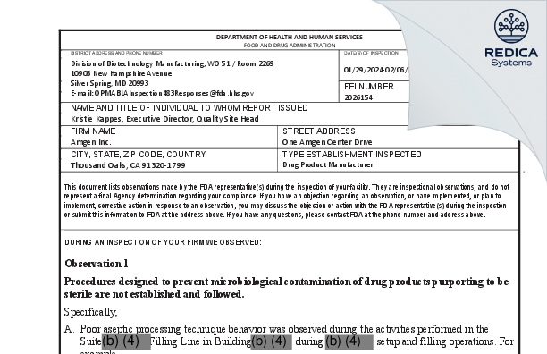 FDA 483 - Amgen, Inc [Newbury Park / United States of America] - Download PDF - Redica Systems