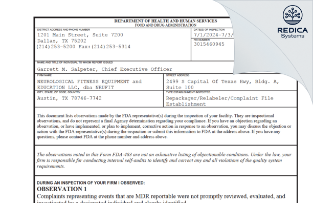 FDA 483 - NEUROLOGICAL FITNESS EQUIPMENT and EDUCATION LLC, dba NEUFIT [Austin / United States of America] - Download PDF - Redica Systems