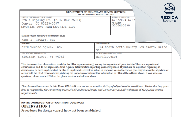 FDA 483 - ZYTO Technologies, Inc. [Pleasant Grove / United States of America] - Download PDF - Redica Systems