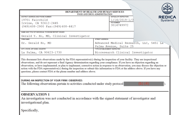 FDA 483 - Dr. Gerald Ho, MD [La Palma / United States of America] - Download PDF - Redica Systems