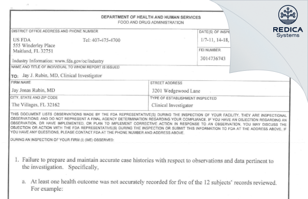 FDA 483 - Jay Jonas Rubin MD [The Villages / United States of America] - Download PDF - Redica Systems