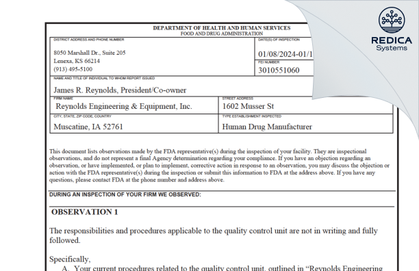 FDA 483 - Reynolds Engineering and Equipment, Inc. [Muscatine / United States of America] - Download PDF - Redica Systems