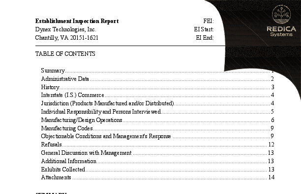 EIR - Dynex Technologies, Inc. [Chantilly / United States of America] - Download PDF - Redica Systems