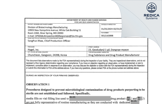 FDA 483 - Hugel, Inc. [Dongnae-Myeon / Korea (Republic of)] - Download PDF - Redica Systems