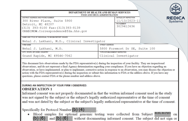 FDA 483 - Nehal J. Lakhani, M.D. [Grand Rapids / United States of America] - Download PDF - Redica Systems