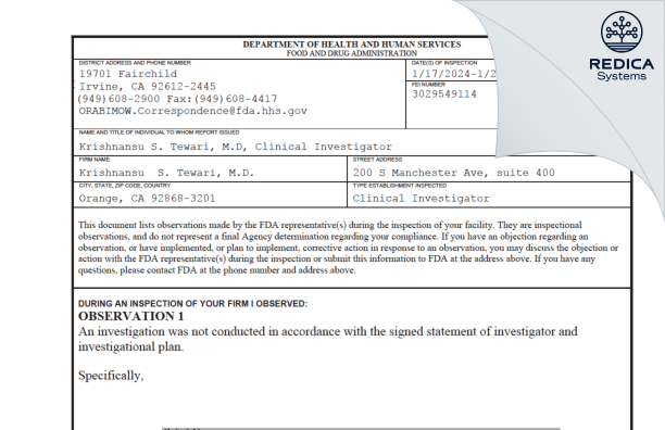 FDA 483 - Krishnansu S. Tewari, M.D. [Orange / United States of America] - Download PDF - Redica Systems