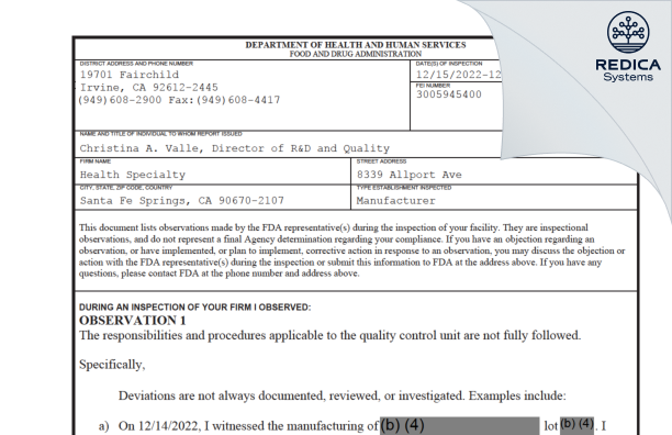 FDA 483 - HealthSpecialty [Santa Fe Springs / United States of America] - Download PDF - Redica Systems