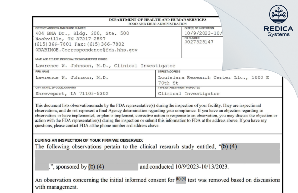 FDA 483 - Lawrence W. Johnson, M.D. [Shreveport / United States of America] - Download PDF - Redica Systems