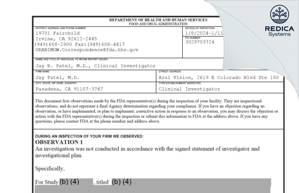 FDA 483 - Jay Patel, M.D. [Pasadena / United States of America] - Download PDF - Redica Systems