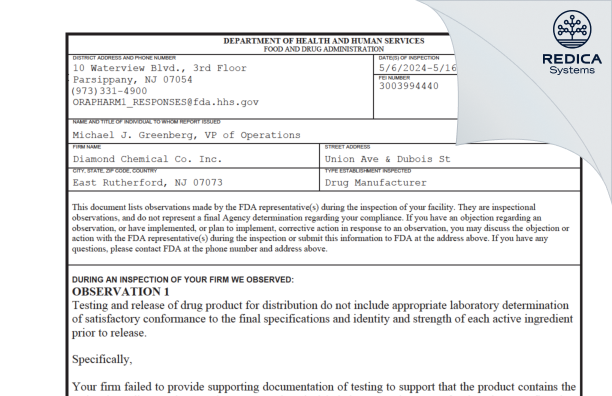 FDA 483 - Diamond Chemical Co Inc [East Rutherford / United States of America] - Download PDF - Redica Systems