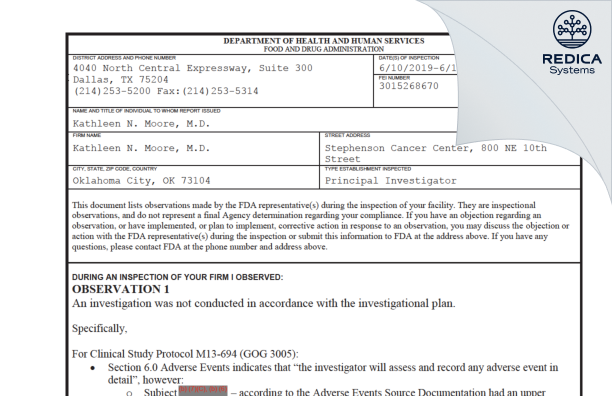 FDA 483 - Kathleen N. Moore, M.D. [Oklahoma City / United States of America] - Download PDF - Redica Systems