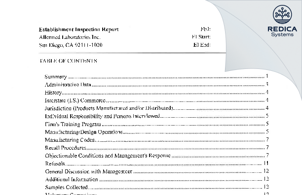 EIR - Allermed Laboratories, Inc. [San Diego / United States of America] - Download PDF - Redica Systems