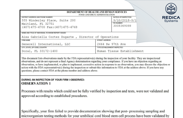 FDA 483 - Genecell International, LLC [Miami / United States of America] - Download PDF - Redica Systems