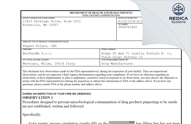 FDA 483 - NerPharMa S.r.l. [Nerviano / Italy] - Download PDF - Redica Systems