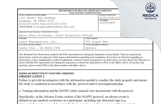 FDA 483 - Maps Public Benefit Corporation [Santa Cruz / United States of America] - Download PDF - Redica Systems