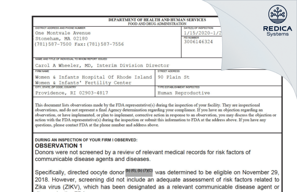 FDA 483 - Women & Infants Hospital Of Rhode Island Women & Infants' Fertility Center [Providence / United States of America] - Download PDF - Redica Systems