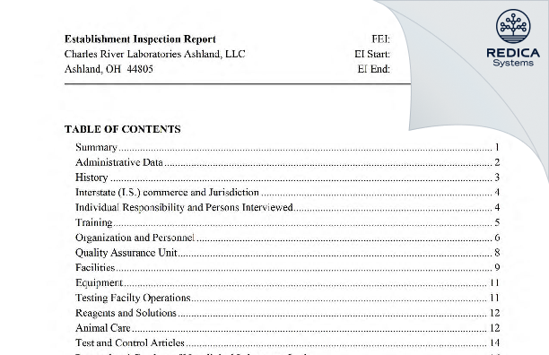 EIR - Charles River Laboratories Ashland, LLC [Ashland / United States of America] - Download PDF - Redica Systems