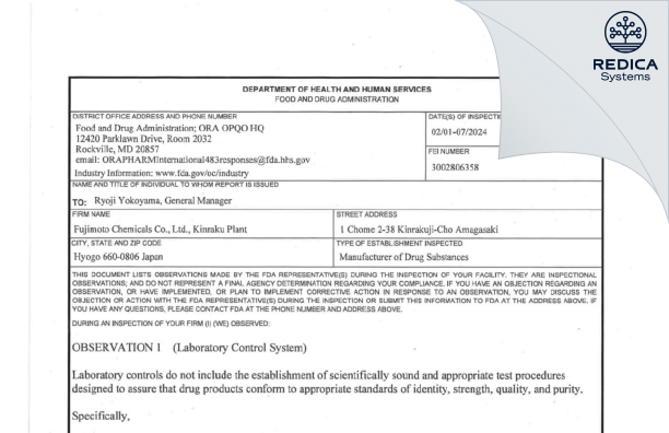 FDA 483 - FUJIMOTO CHEMICALS CO., LTD. [Kinrakujicho / Japan] - Download PDF - Redica Systems