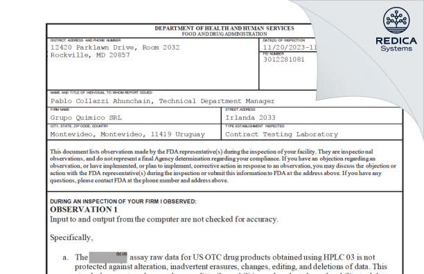 FDA 483 - GRUPO QUIMICO S.R.L. [Unión / Uruguay] - Download PDF - Redica Systems