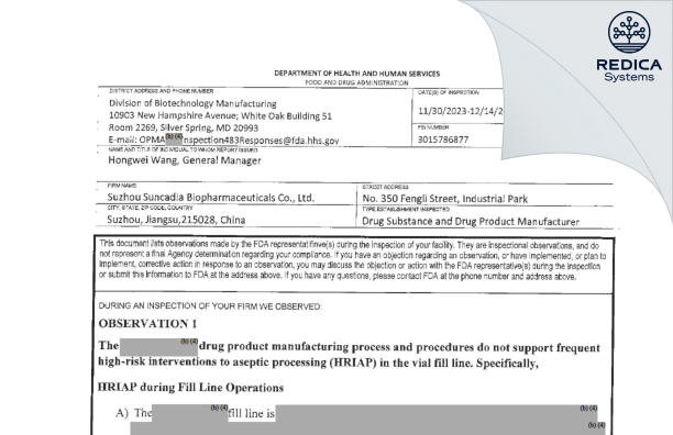 FDA 483 - Suzhou Suncadia Biopharmaceuticals Co., Ltd [Jiuquan / China] - Download PDF - Redica Systems