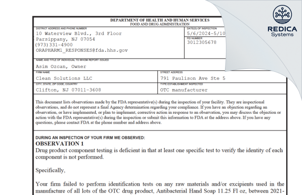 FDA 483 - Clean Solutions LLC [Clifton / United States of America] - Download PDF - Redica Systems