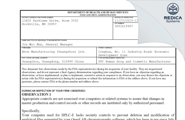 FDA 483 - Avon Manufacturing (Guangzhou) Ltd. [Guangzhou / China] - Download PDF - Redica Systems