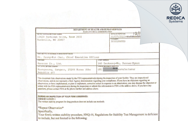 FDA 483 - HANACOS CO., LTD. [Dunnae-Myeon / Korea (Republic of)] - Download PDF - Redica Systems